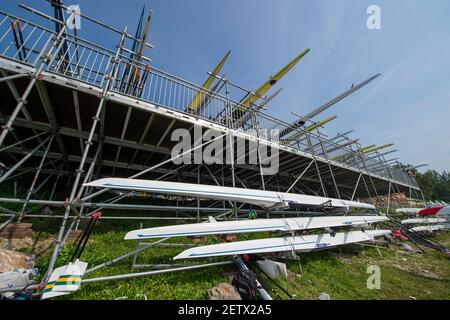 Linz, Österreich, Samstag, 24th. Aug 2019, FISA Ruderweltmeisterschaft, Regatta, Allgemeine Ansichten, des Bootsparks und der Bootspontons, [Pflichtnachweis; Peter SPURRIER/Intersport Images] Stockfoto