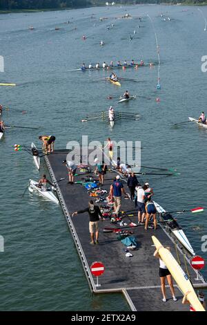 Linz, Österreich, Samstag, 24th. Aug 2019, FISA Ruderweltmeisterschaft, Regatta, Allgemeine Ansichten, des Bootsparks und der Bootspontons, [Pflichtnachweis; Peter SPURRIER/Intersport Images] Stockfoto