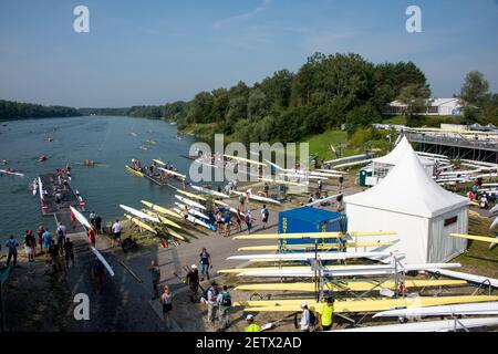 Linz, Österreich, Samstag, 24th. Aug 2019, FISA Ruderweltmeisterschaft, Regatta, Allgemeine Ansichten, des Bootsparks und der Bootspontons, [Pflichtnachweis; Peter SPURRIER/Intersport Images] Stockfoto