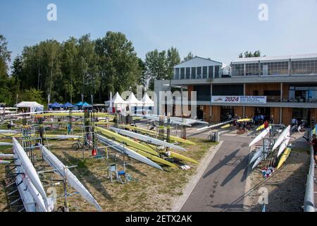 Linz, Österreich, Samstag, 24th. Aug 2019, FISA Ruderweltmeisterschaft, Regatta, Allgemeine Ansichten, des Bootsparks und der Bootspontons, [Pflichtnachweis; Peter SPURRIER/Intersport Images] Stockfoto