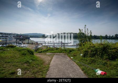 Linz, Österreich, Samstag, 24th. Aug 2019, FISA Ruderweltmeisterschaft, Regatta, Allgemeine Ansichten, des Bootsparks und der Bootspontons, [Pflichtnachweis; Peter SPURRIER/Intersport Images] Stockfoto