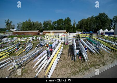 Linz, Österreich, Samstag, 24th. Aug 2019, FISA Ruderweltmeisterschaft, Regatta, Allgemeine Ansichten, des Bootsparks und der Bootspontons, [Pflichtnachweis; Peter SPURRIER/Intersport Images] Stockfoto