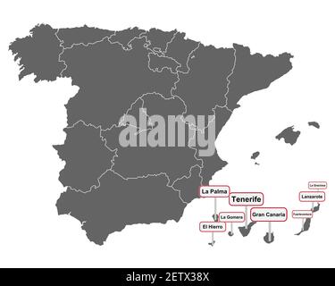 Ortsnamen und Karte von Spanien und den Kanarischen Inseln Inseln Stockfoto