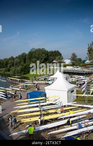 Linz, Österreich, Samstag, 24th. August 2019, FISA Ruderweltmeisterschaft, Regatta, Allgemeine Ansicht, GV, Boat Park, [obligatorische Gutschrift; Peter SPURRIER/Intersport Images] Stockfoto