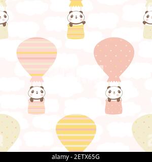 Cute Kawaii Panda Reisen in Heißluftballons nahtlose Vektor-Muster Hintergrund. Pastellrosa gelbe Kulisse mit lächelnden und winkenden Cartoon-Bären Stock Vektor