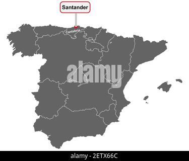 Ortsname Zeichen Santander auf Karte von Spanien Stockfoto
