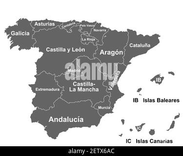 Karte von Spanien, Balearen und Kanarische Inseln mit Regionen Stockfoto