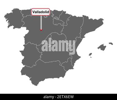 Ortsname Zeichen Valladolid auf Karte von Spanien Stockfoto