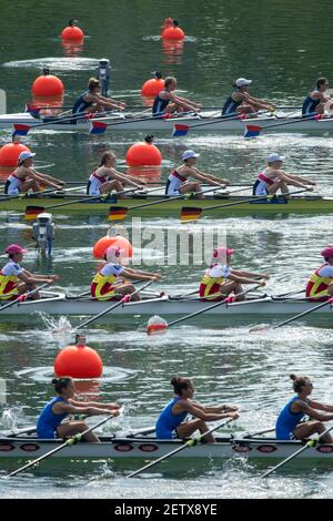 Linz, Österreich, Dienstag, 27th. August 2019, FISA-Ruderweltmeisterschaft, Regatta, USA LW4X, Bow Mary RECKFORD, Rosa KEMP, Jessica HYNE-DOLAN, Michaela COPENHAVER, [Pflichtnachweis; Peter SPURRIER/Intersport Images] 11:48:01 27.08.19 Stockfoto