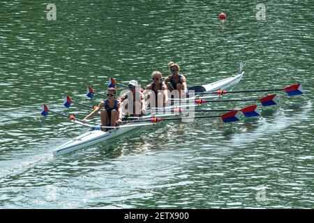 Linz, Österreich, Dienstag, 27th. August 2019, FISA-Ruderweltmeisterschaft, Regatta, USA LW4X, Bow Mary RECKFORD, Rosa KEMP, Jessica HYNE-DOLAN, Michaela COPENHAVER, [Pflichtnachweis; Peter SPURRIER/Intersport Images] 11:43:05 27.08.19 Stockfoto