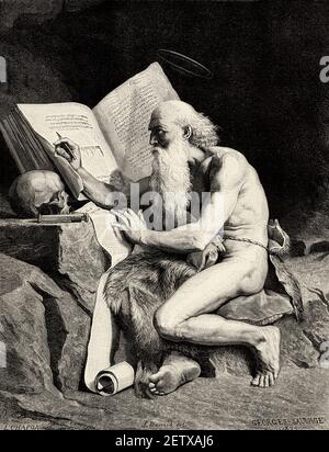 St. Jerome Lesung in der Wüste, Stich aus dem Gemälde von Georges Sauvage. Alte 19th Jahrhundert gravierte Illustration, El Mundo Ilustrado 1881 Stockfoto