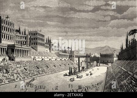 Gravur mit Darstellung des Circus Maximus und der Kaiserpaläste, antikes römisches Reich. Italien, Europa. Alte 19th Jahrhundert gravierte Illustration, El Mundo Ilustrado 1881 Stockfoto