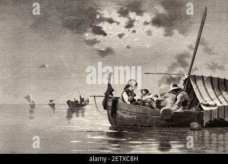 Marineszene. 19th Jahrhundert Familie Angeln in einem Boot auf See. Alte 19th Jahrhundert gravierte Illustration, El Mundo Ilustrado 1881 Stockfoto