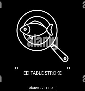 Fisch auf Bratpfanne weiße lineare Symbol für dunkles Thema Stock Vektor