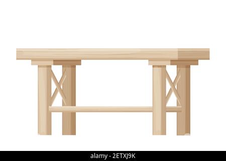 Holztisch, Schreibtisch im Cartoon-Stil in hellen Farben mit Dekorationen isoliert auf weißem Hintergrund, elegante, Vintage-Möbel. Innenelement, Haushaltsartikel. Detailliert, strukturiert. Vektorgrafik Stock Vektor