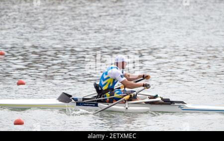 Linz, Österreich, Sonntag, 1st. September 2019, FISA-Weltmeisterschaft im Rudern, Sonntag Finaltag UKR PR1 M1X, Roman POLIANSKYI, [Pflichtnachweis; Peter SPURRIER/Intersport Images] 13:30:06 01/09/2019 Stockfoto