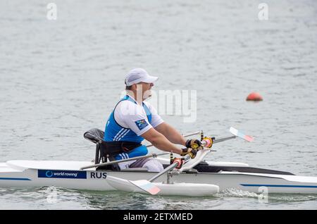 Linz, Österreich, Sonntag, 1st. September 2019, FISA-Ruderweltmeisterschaft, Sonntag Finaltag, RUS PR1 M1X, Alexey CHUVASHEV, [Pflichtkredit; Peter SPURRIER/Intersport Images] 13:30:15 01/09/2019 Stockfoto