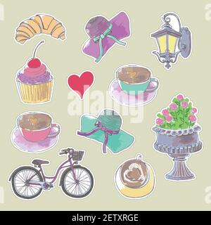 Pariser Symbole Sticker Set, Vektor. Eine romantische Reise nach Paris. Elemente der Romantik. Kaffee, Croissant, Hut. Stock Vektor