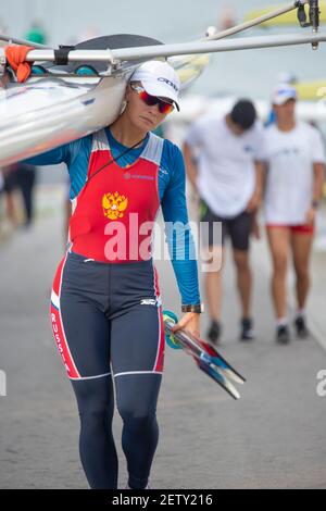 Linz, Österreich, Donnerstag, 29th. Aug 2019, FISA World Ruder Championship, Regatta, Boat Park Area, [Pflichtnachweis; Peter SPURRIER/Intersport Images] 07:56:21 29.08.19 Stockfoto