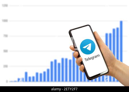 Telegram Messenger App. Smartphone mit Telegram Messenger Anwendung auf dem Bildschirm in der Hand Mann Stockfoto