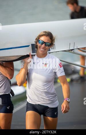 Linz, Österreich, Donnerstag, 29th. Aug 2019, FISA World Ruder Championship, Regatta, Boat Park Area, [Pflichtnachweis; Peter SPURRIER/Intersport Images] 08:24:56 29.08.19 Stockfoto