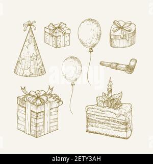 Handgezeichnete Geburtstags-Vektor-Illustrationen-Kollektion. Weihnachtsfeier Skizzen Set mit Geschenkbox, Kuchen, Hut, Ballons und Party Horn. Isoliert Stock Vektor