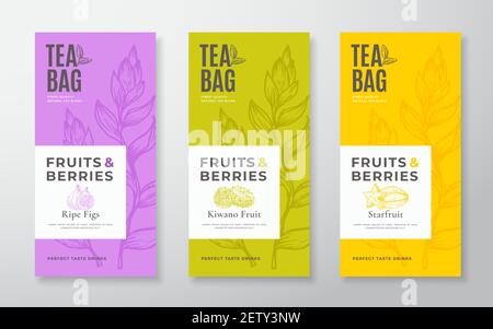 Set Mit Exotischen Früchten Und Teeetiketten. Vector Packaging Design Layouts Bundle. Moderne Typografie, handgezeichnete Teeblätter, Figuren, Kiwano und Starfruit Silhouetten Stock Vektor