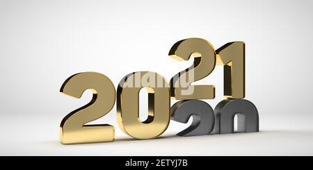 Neujahrsziele und Planungskonzept: Die goldenen Zahlen des Kalenderjahres 2021 werden von 2020. 3D gerendert auf weißem Hintergrund. Abbildung Stockfoto