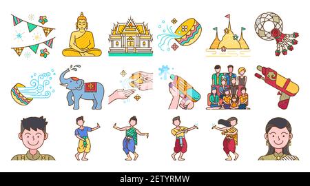 Songkran thailand Festival farbige Linie Symbol Set Thai Wasser spritzt festlichen Tag, thai Tanz traditionell und kulturell. Bunte Vektor und illustrative Stock Vektor