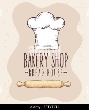 Bäckereihandschrift mit Kochmütze und Holzrolle Stock Vektor