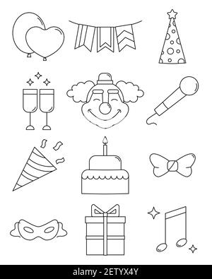 Zwölf Linien-Icons für die Feier: Ballons, Girlande, Clown, Geburtstagskuchen und andere. Lineare Symbole für Feier, Fest, Geburtstag. Stock Vektor