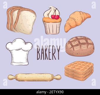 Bäckereihandschrift mit sieben Set-Icons Stock Vektor