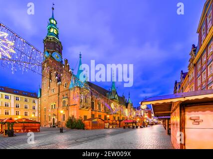 Breslau, Polen. Winter Reise Hintergrund mit berühmten Weihnachtsmarkt von Europa. Stockfoto