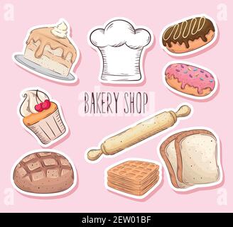 Bäckereihandschrift mit neun Set-Icons Stock Vektor