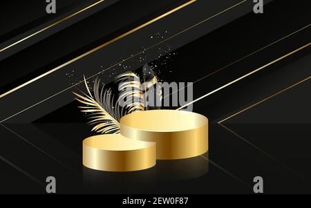 3D realistischer schwarzer Sockel auf schwarzem Seidenhintergrund mit goldenen Palmblättern. Stock Vektor