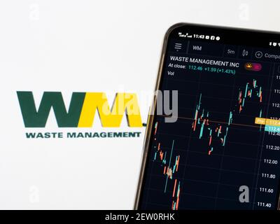In dieser Abbildung werden die Börseninformationen von Waste Management Inc. Auf einem Smartphone angezeigt, während das Logo von Waste Management Inc im Hintergrund zu sehen ist. Stockfoto