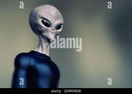 Graues Alien Humanoid ET-Zeichen auf schwarzem Hintergrund. Extrem detailreich und realistisch hohe Auflösung 3D Render Stockfoto