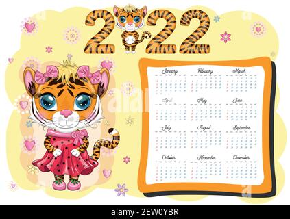 Cute Tiger Wand Kalender Vorlage für 2022, Jahr des Tigers, Chinesischer Kalender, A4. Die Woche beginnt am Sonntag. Stock Vektor