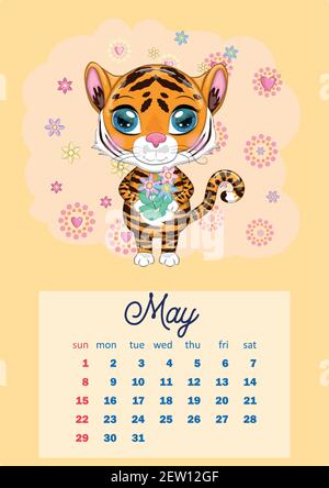 Cute Tiger Wand Kalender Vorlage für 2022, Jahr des Tigers, Chinesischer Kalender, A4. Die Woche beginnt am Sonntag. Stock Vektor