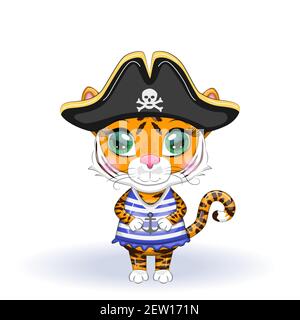 Cute Cartoon Tiger mit schönen Augen in das Bild eines Piraten. Illustrationen zum chinesischen Neujahr 2022, Jahr des Tigers Stock Vektor