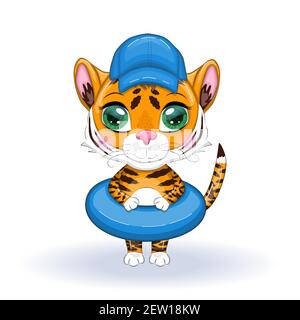 Niedliche Cartoon Tiger mit schönen Augen, orange mit einem Kreis zum Schwimmen und Tragen eines Hutes. Chinesisches Neujahr 2022, Jahr des Tigers. Stock Vektor