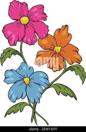 Vektor-Illustration Bouquet von drei bunten blühenden Blumen. Rosa, orange und blaue Blüten. Stock Vektor