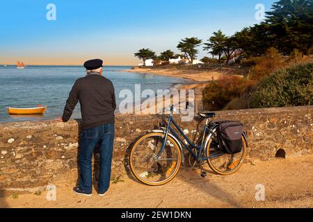 Frankreich, Vendée (85), île de Noirmoutier, Noirmoutier-en-l'Ile, petite Pause d'un cycliste lors du Passage d'un gréement devant la Plage de la Madeleine Stockfoto