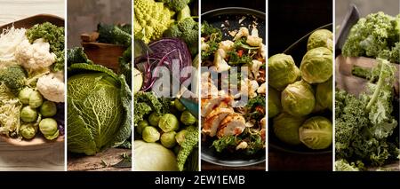 Draufsicht auf grüne Gemüse Collage und Bratpfanne mit Leckere gebratene Hühnerscheiben mit Blumenkohl Stockfoto