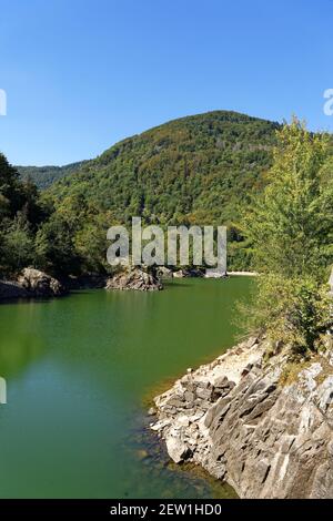 Frankreich, Haut Rhin, Puppental, Sewen, Sewensee Damm am Fuße des Ballon d'Alsace und der Gipfel des Ballon d'Alsace (1241 m) im Hintergrund Stockfoto