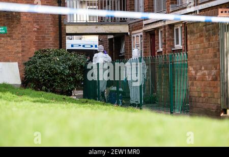 Perry Barr, Birmingham, Großbritannien. 2nd. März 2021: Eine Morduntersuchung wurde eingeleitet, nachdem ein Mann am frühen Dienstagmorgen auf dem Perry Villa Drive in Nord-Birmingham in den Hals gestochen wurde. Kredit: Ryan Underwood / Alamy Live Nachrichten Stockfoto