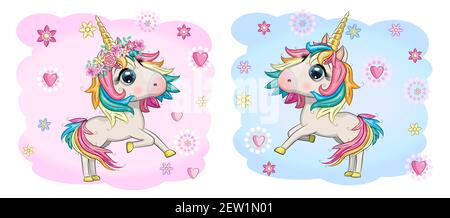 Baby Dusche Grußkarte mit niedlichen Cartoon Einhorn Mädchen und Junge Stock Vektor