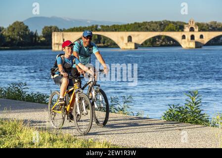 Frankreich, Vaucluse, Avignon, ViaRhôna, Radfahrer auf dem Chemin des Berges mit der Brücke Saint Benezet über die Rhône aus dem 12th. Jahrhundert und als Weltkulturerbe der UNESCO Stockfoto