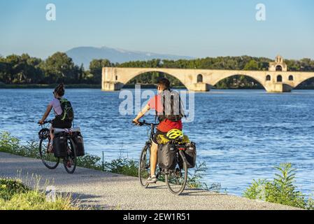 Frankreich, Vaucluse, Avignon, ViaRhôna, Radfahrer auf dem Chemin des Berges mit der Brücke Saint Benezet über die Rhône aus dem 12th. Jahrhundert und als Weltkulturerbe der UNESCO Stockfoto