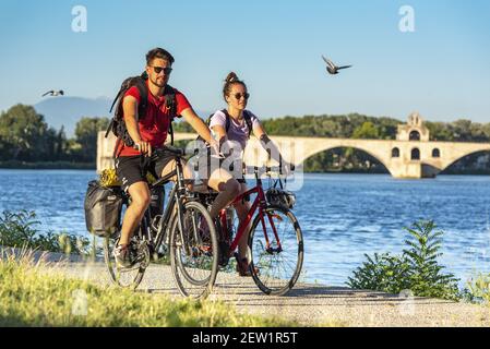 Frankreich, Vaucluse, Avignon, ViaRhôna, Radfahrer auf dem Chemin des Berges mit der Brücke Saint Benezet über die Rhône aus dem 12th. Jahrhundert und als Weltkulturerbe der UNESCO Stockfoto